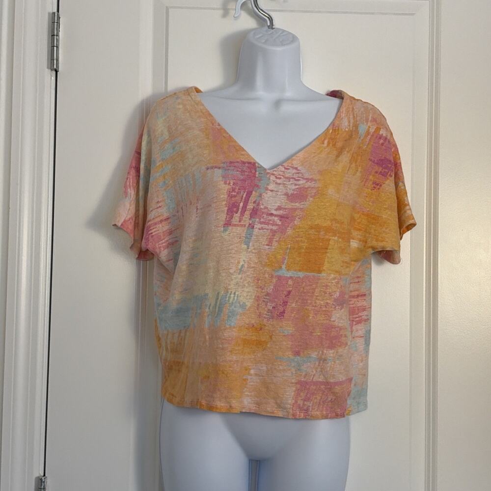 chicos abstract artsy Watercolor 100 % Linen V Neck Shirt M